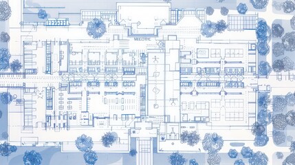 Illustration of a blueprint for a school building, showing classroom layouts, administrative offices