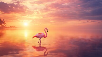 Naklejka premium A beautiful pink flamingo standing in a tranquil lake, with a vibrant sunset creating a stunning backdrop.