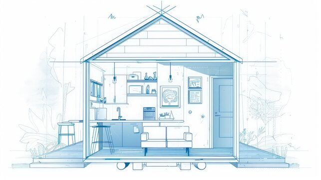 blue house interior sketch, cross-section view clip art preview