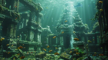 A stunning ancient ruins-themed aquarium featuring moss-covered relics, crumbling structures, and colorful exotic fish. The scene is bathed in soft, natural light,
