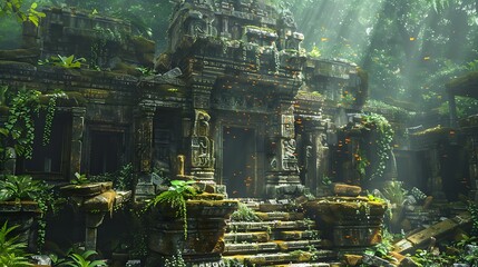 A stunning ancient ruins-themed aquarium featuring moss-covered relics, crumbling structures, and colorful exotic fish. The scene is bathed in soft, natural light,