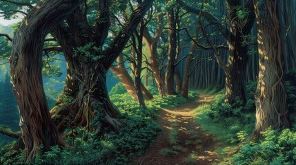 Obraz premium A serene path meanders through a lush forest, surrounded by tall trees and vibrant greenery