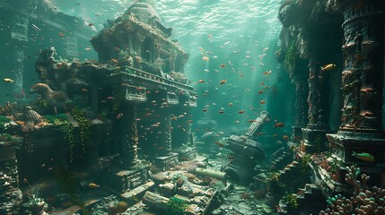 A stunning aquarium designed to resemble ancient ruins, with moss-covered relics, broken statues, and colorful exotic fish.