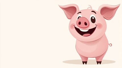 A happy pig cartoon standing on a plain background, with ample space for text at the bottom.
