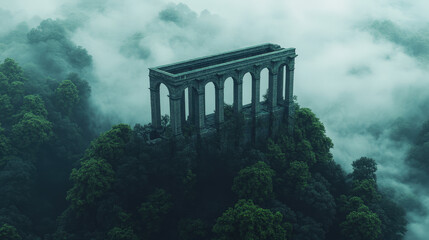 Obraz premium Ruined monastery in a misty forest, eerie and mysterious, folklore vibes