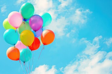 Colorful Balloons Floating in Blue Sky. Vibrant Celebration Image