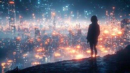 Silhouette of a Woman Gazing at Futuristic Cityscape
