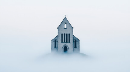 Abandoned abbey in a foggy landscape, haunting and ruinous, folklore vibes 