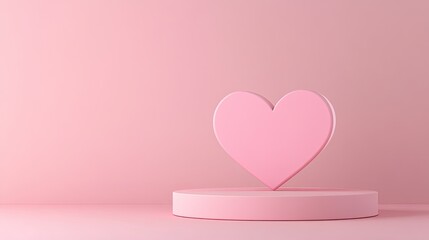 Valentine's Day Minimalist Background with Empty Podium and Heart Shape on Pink in Flat and 3D Style