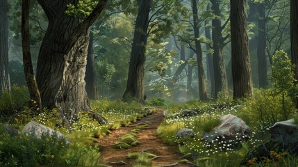 Fototapeta premium A tranquil forest path meanders through vibrant greenery, dotted with wildflowers and basking in sunlight