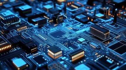 Close-up of a Motherboard with Glowing Blue Circuitry