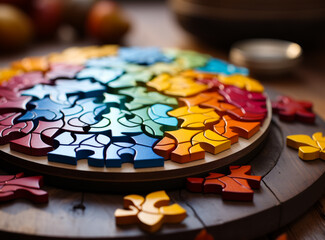 A colorful puzzle with many pieces and a wooden base. The puzzle is made of wood and has a variety of colors