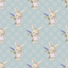 Watercolour Little bunny girl seamless pattern on colour background 