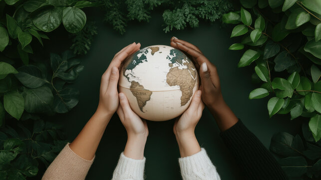 Diverse group of people holding up a globe surrounded by greenery, carbon footprint, global unity 