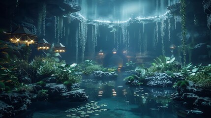 Fototapeta premium An aquarium designed as a mystical cavern, featuring dark cave structures, hanging stalactites, and luminescent nocturnal fish. The soft,