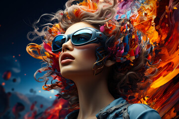 A woman with colorful hair and sunglasses is the main focus of the image. Scene is vibrant and energetic, with the colorful hair and the woman's sunglasses adding to the sense of fun and excitement
