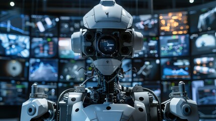 Fototapeta premium Illustration of a teleoperated robot, highlighting the remote control system, cameras, and sensors used for operation from a distance