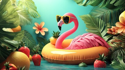 Obraz premium A whimsical illustration of a pink flamingo in sunglasses, floating in an inflatable ring with tropical fruit around.