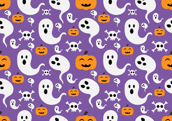 Halloween seamless pattern. Pumpkin, spooky ghost and skull on purple background. For cards, frames, posters, book covers, textile, wallpaper, wrapping and fabric.