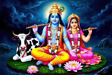 Fototapeta premium Enchanting Krishna and Radha with Cow Lotus and Flute in a Mystical Night Setting