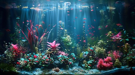 Fototapeta premium An aquarium designed to resemble the ocean abyss, with dark, deep-sea backgrounds, glowing plants, and unique deep-sea creatures. Soft,