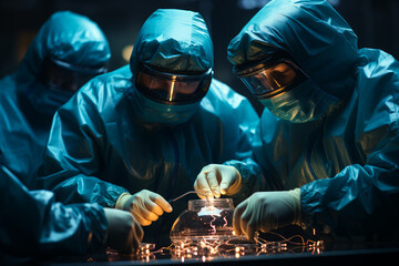 Three people in green suits are working on a project. Scene is serious and focused
