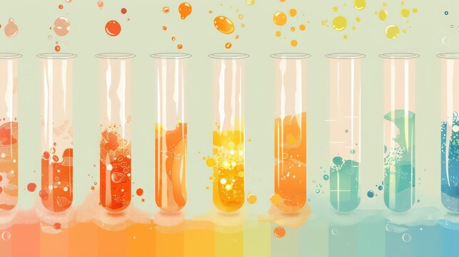 Illustration of test tubes with different pH indicators, showing how the color of the solution changes based on the acidity or alkalinity of the liquids being tested