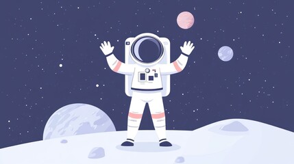 Astronaut in Space Suit Standing on a Lunar Surface with Planets and Stars in the Background