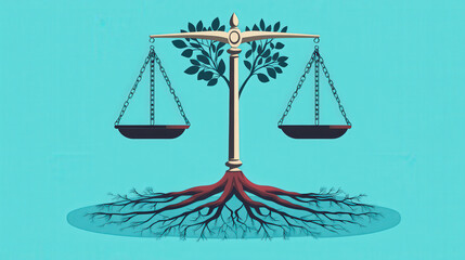 Scales of justice with roots, grounded in morality, flat design illustration 