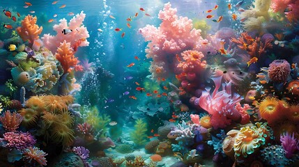 An enchanting coral garden aquarium featuring bright corals, colorful reef fish, and swaying anemones. The scene is bathed in soft, natural light, highlighting the vivid colors and intricate details.
