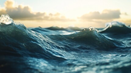 Fototapeta premium Close-up of Ocean Waves with Golden Sky in the Background