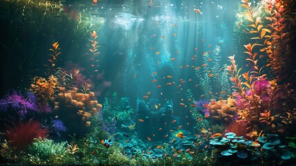 Obraz premium An enchanting fantasy landscape aquarium featuring vibrant plants, a tiny castle, and mythical fish. The soft lighting adds to the magical and otherworldly ambiance of the underwater scene.