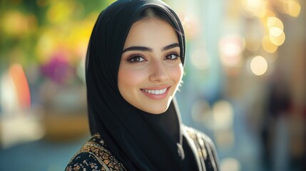 Smiling woman in black hijab, outdoor, natural light.