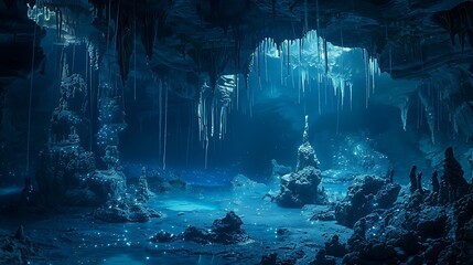 An enchanting mystical cavern aquarium featuring detailed cave formations, hanging stalactites, and luminescent fish. The scene is bathed in soft, eerie light,