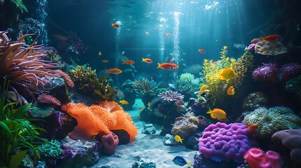 An enchanting tropical aquarium featuring brightly colored fish, flourishing coral reefs, and an array of underwater plants. The lighting creates a dreamy, magical atmosphere,