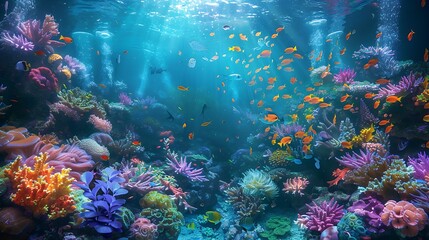 An enchanting tropical aquarium featuring brightly colored fish, flourishing coral reefs, and an array of underwater plants. The lighting creates a dreamy, magical atmosphere,