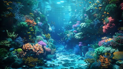 An enchanting tropical aquarium filled with colorful fish, bright coral reefs, and lush aquatic plants. The scene is lit by soft blue and green lighting,