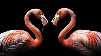 Two beautiful flamingos in a synchronized dance, their necks curved into a heart shape, symbolizing love.