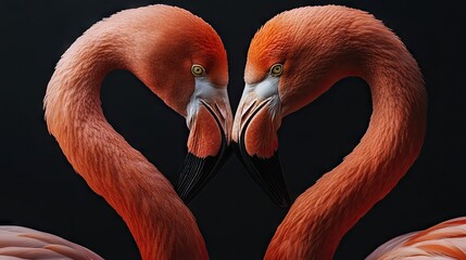 Two elegant flamingos in a synchronized dance, their necks curved to form a heart shape, representing love and unity.