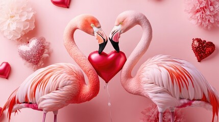 Naklejka premium Two flamingos standing together, forming a heart with their necks, surrounded by Valentine's Day decor.