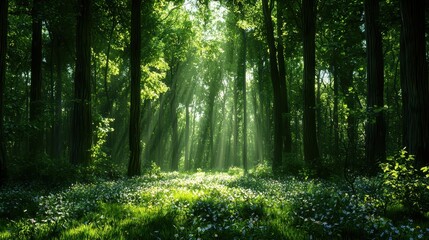 Fototapeta premium A serene forest scene bathed in soft sunlight, showcasing lush greenery and delicate wildflowers blooming on the forest floor.