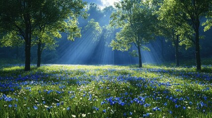 Obraz premium A serene forest landscape bathed in soft sunlight, featuring vibrant wildflowers and tranquil greenery that inspire peace.