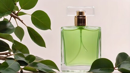Green perfume bottle surrounded by a ficus, creating a romantic and luxurious aesthetic.