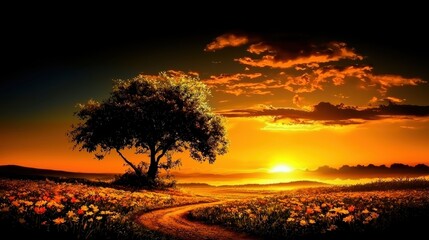 Obraz premium A serene landscape featuring a tree against a beautiful sunset, surrounded by blooming flowers and a winding path.