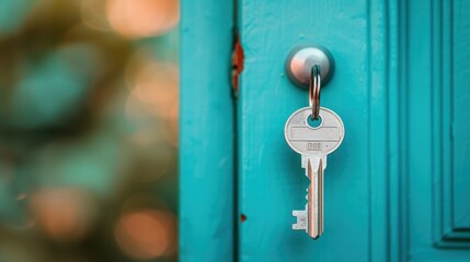 A high-resolution photo of a key fully inserted in a door lock, ready to be turned. The image focuses on the connection between the key and the lock, representing security and access.