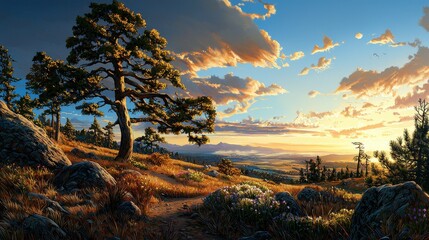 Breathtaking landscape showcasing a tree against a vibrant sunset, with rocky terrain and distant hills under a colorful sky.