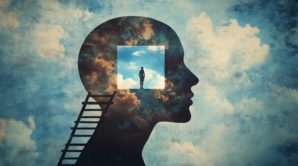 Creative depiction of a human head silhouette with a window to the sky, symbolizing imagination and aspirations, accompanied by a ladder