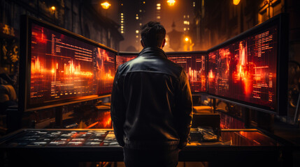 A man is standing in front of a computer monitor with three screens. The screens are displaying various lines of code and the man is focused on the computer.