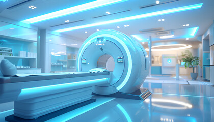 futuristic MRI machine in a pristine hospital room symbolizes advanced technology