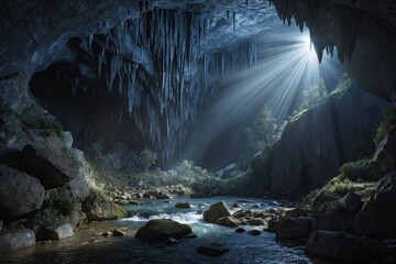 Naklejka premium Mysterious Shadowy Enclave with Rockfall and Radiance in a Scenic Cavern